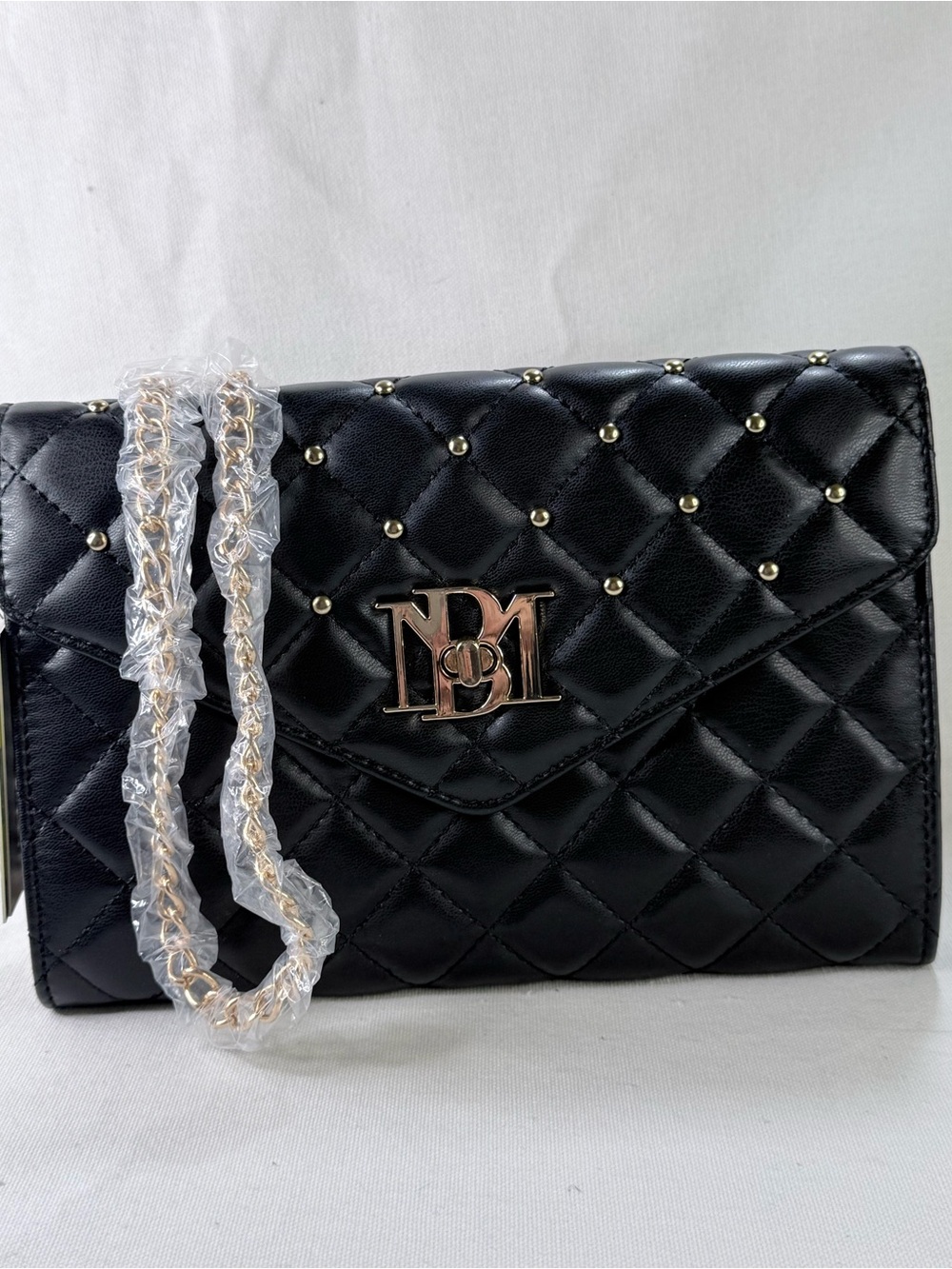 Black Badgley Mischka Quilted Crossbody Bag with Gold Studs and Chain